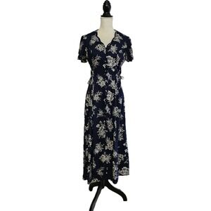 Vintage 90s Navy Floral Corset Tie Button Front Maxi Dress Size M Cottagecore